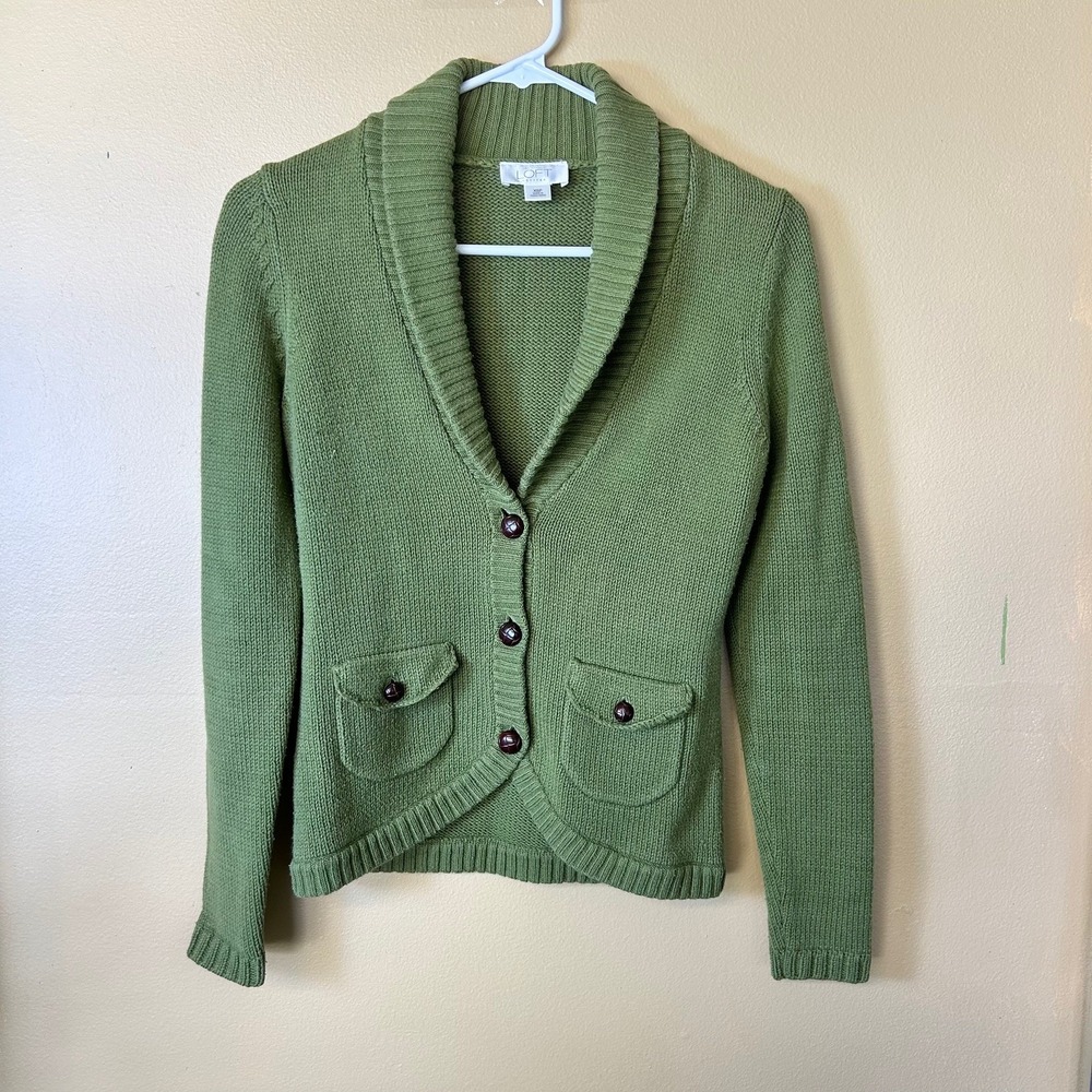 LOFT Petite XS Shawl Collar Green Knit Cardigan Sweater Pockets Casual‎